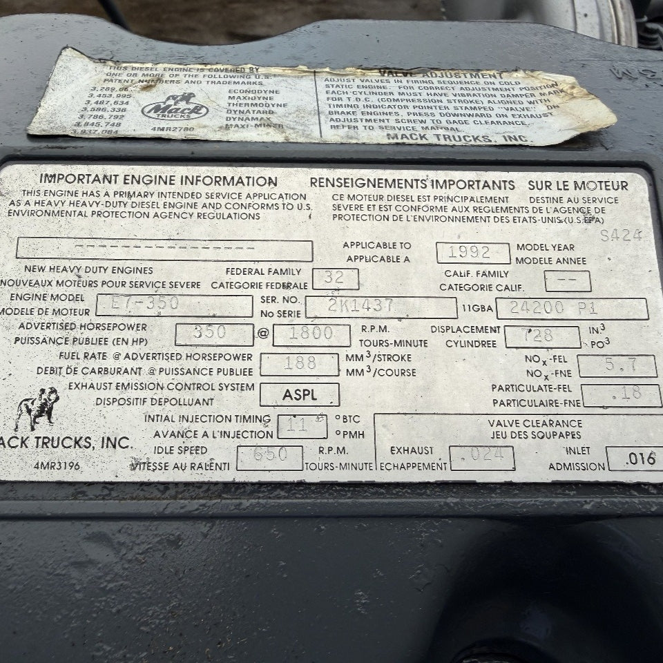 1992 Mack E7-350 350HP 6 Cyl Diesel Engine with Jake Brakes For Sale - hdengines.com