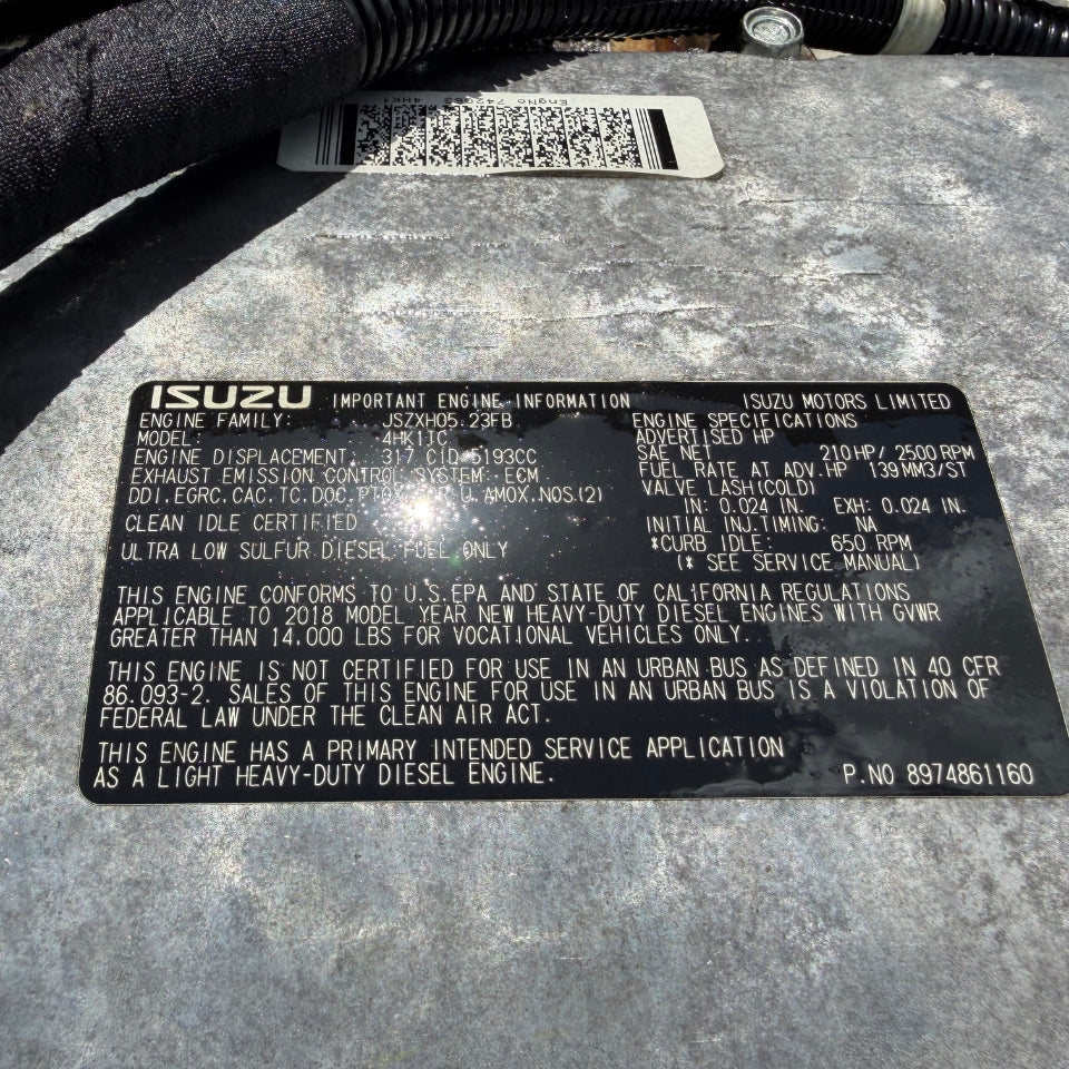 2018 Isuzu 4HK1TC Diesel Engine JSZXH05.23FB, 5.2L, 210HP EPA17