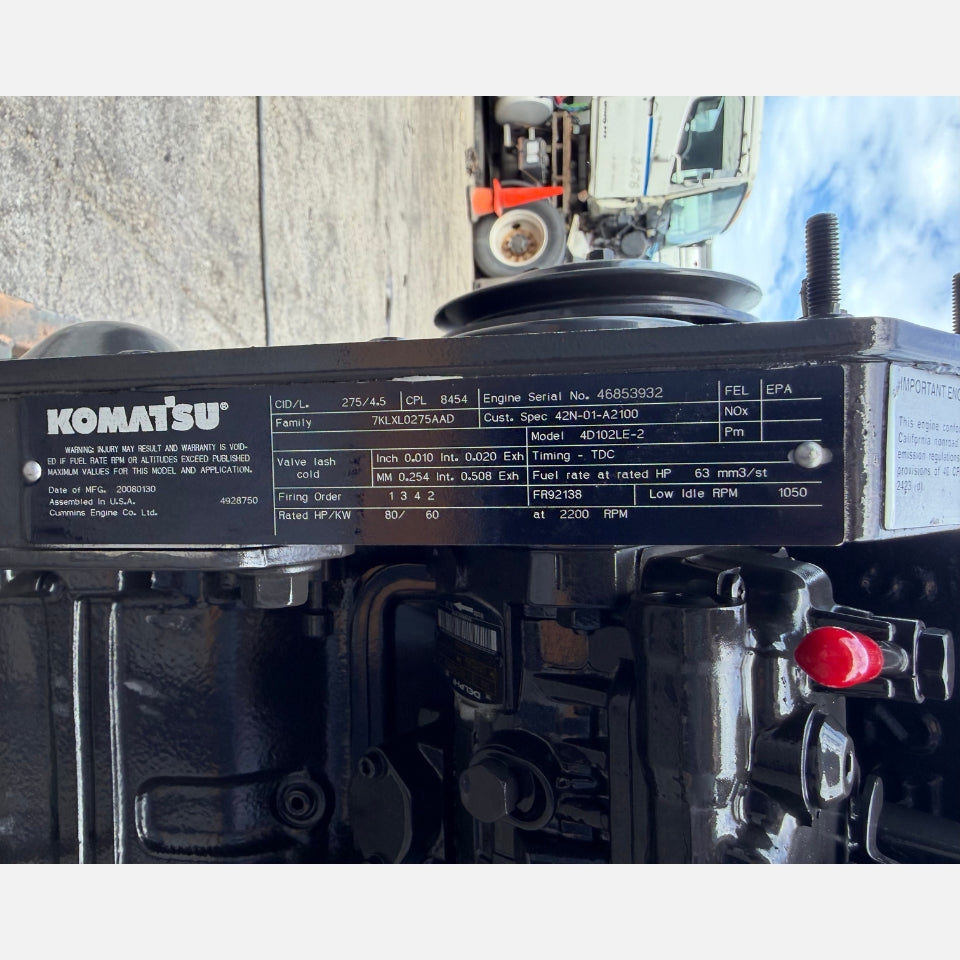 New 2008 Komatsu SAA4D102E-2 Industrial Diesel Engine 46853932, 4.5L, 80HP Tier 2
