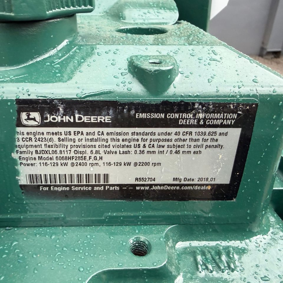 2018 John Deere 6068HF285 Diesel Engine, Family # BJDXL06.8117, 173HP, 6.8L