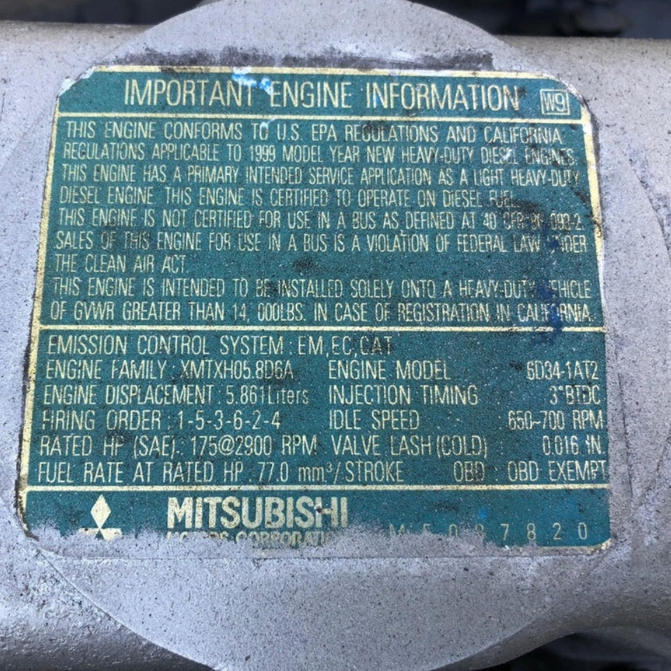 1999 Mitsubishi 6D34-1AT2 175HP 5.9L Diesel Engine For Sale – ESN 6D34-063533 - hdengines.com