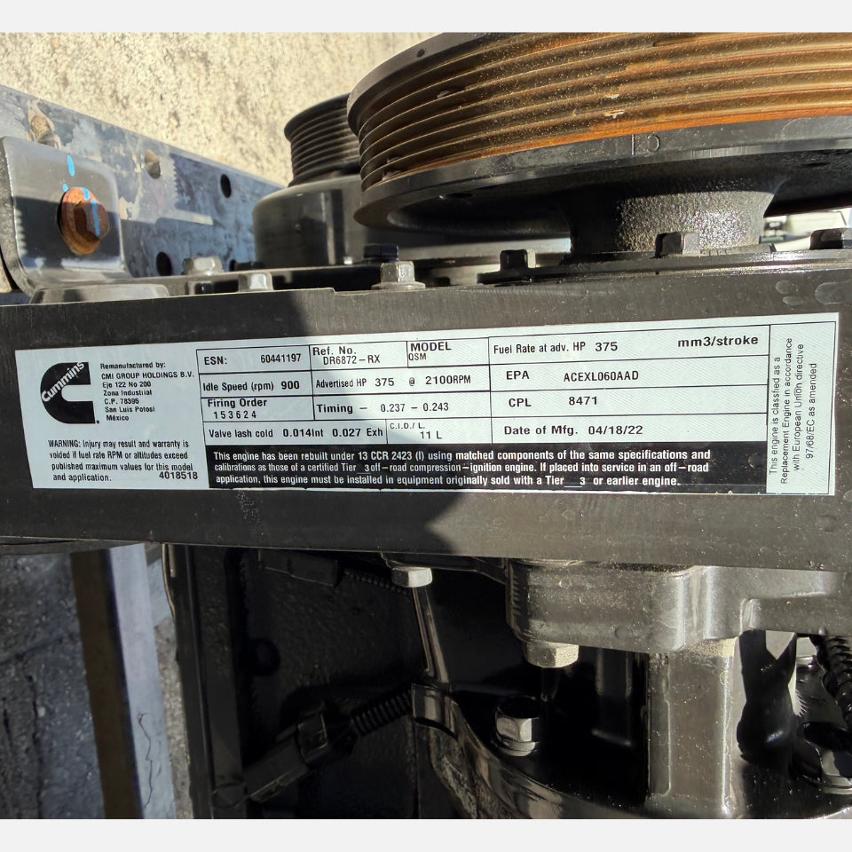 2022 Cummins QSM11 Diesel Engine, Family #ACEXL060AAD, 375 HP, CPL 8471