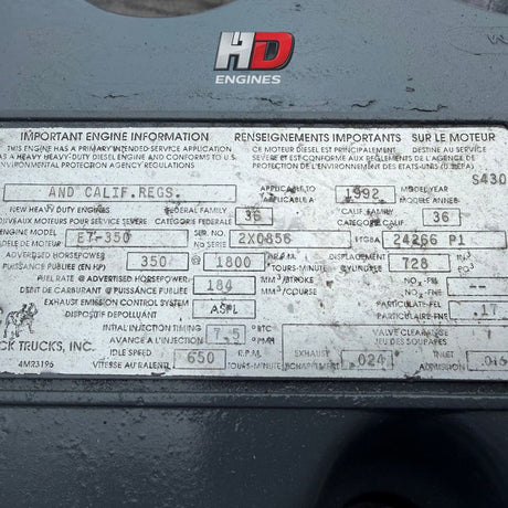 1992 Mack E7 350HP VMAC1 11GBA 24266 P1 Diesel Truck Engine for Sale