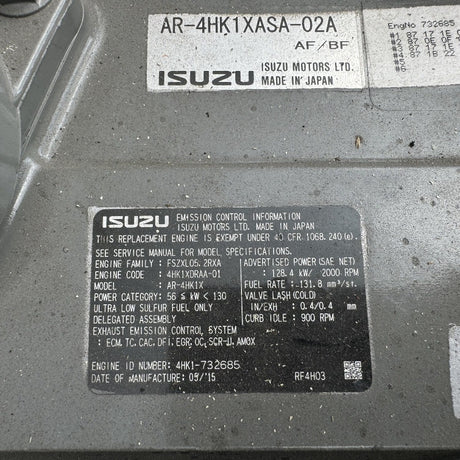 New 2015 Isuzu 4HK1 172 HP 4 Cyl Industrial Diesel Engine For Sale - hdengines.com